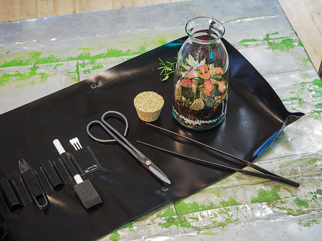 Werkzeugtasche für die Pflege von Glasgärten und Zimmerpflanzen